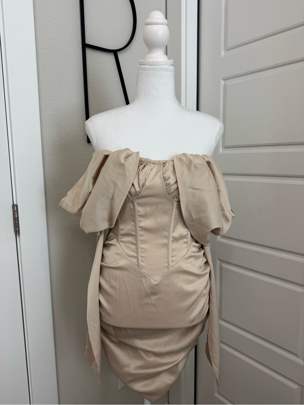 PrettyLittleThing Beige Off-Shoulder Satin Mini Dress